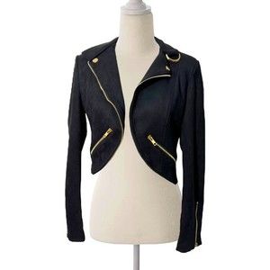 Noble U Black Suede Long Sleeve Open Front Crop Gold Hardware Lightweight Jacket